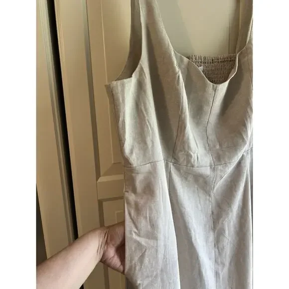 Old Navy Women's Sleeveless Flax Linen Dress smocking 2 pockets beige sz- XXL - Picture 4 of 7